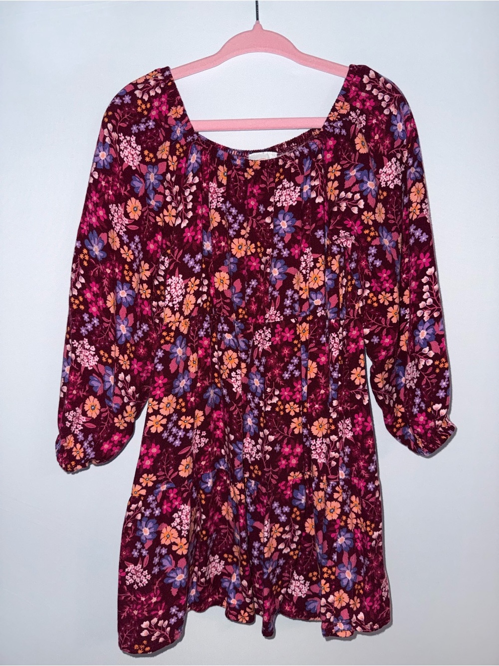wonder nation Floral Long Sleeve Dress in Burgundy, Pink, Purple, Orange
